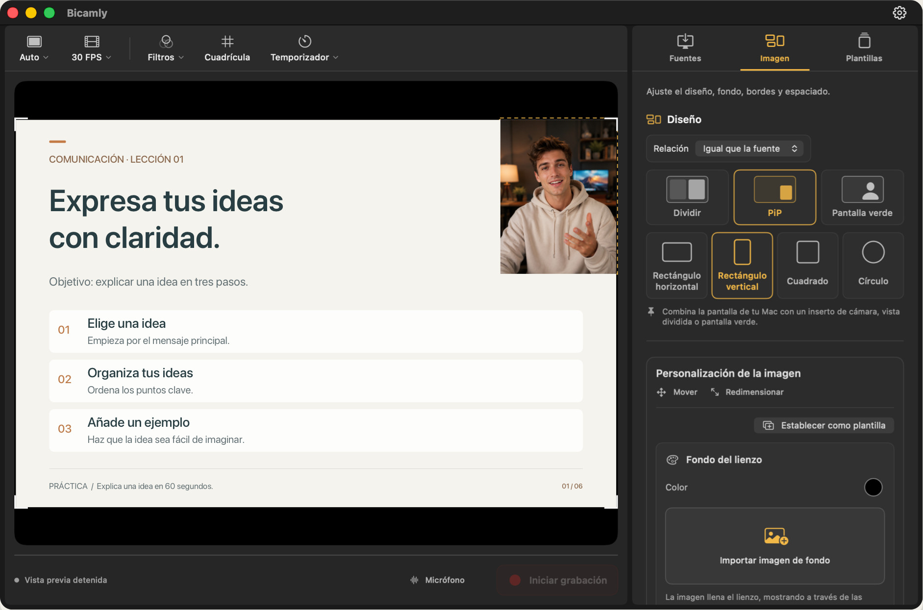 Bicamly — Vista previa de la composición de pantalla y cámara en Mac