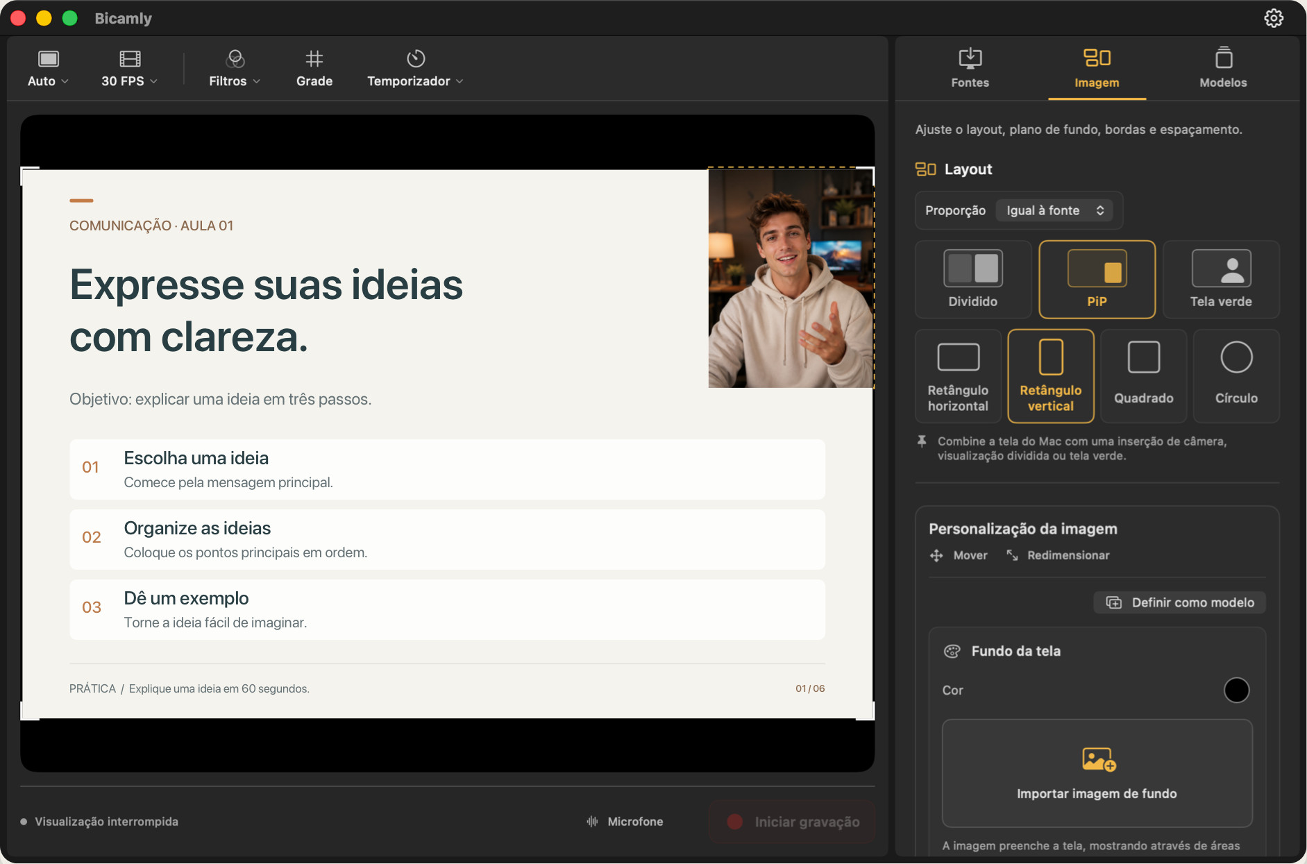 Bicamly — Pré-visualização da composição de ecrã e câmara no Mac